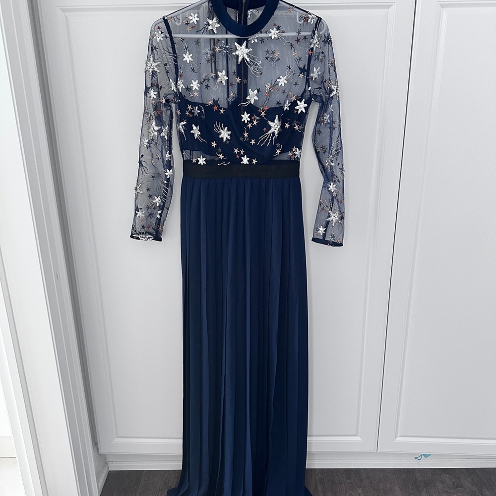 Self-Portrait Navy Blue and White Floral Long Sleeve Dress